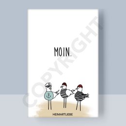 Decorative magnet featuring the word "MOIN" and three illustrated seagull characters.