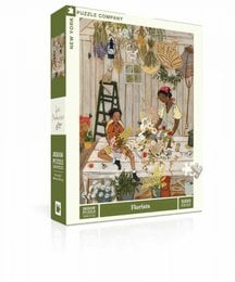 A 1000-piece puzzle depicting a whimsical scene of florists at work, surrounded by various floral arrangements, tools, and decorative elements.