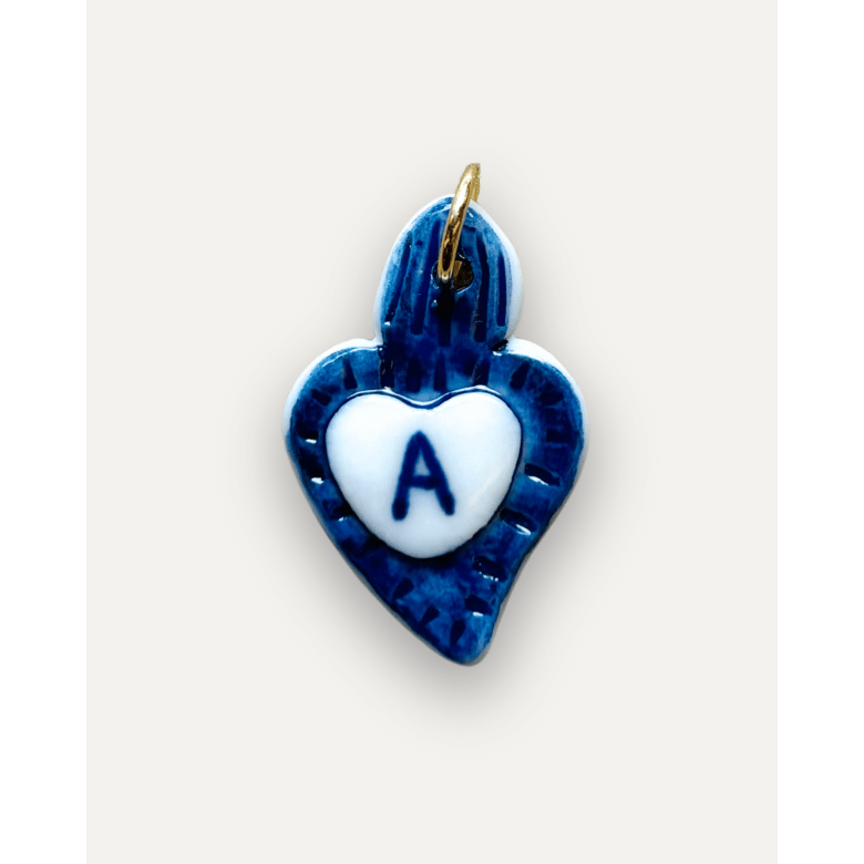Breloques - Pendentif Coeur Bleu en Porcelaine - Lettre A