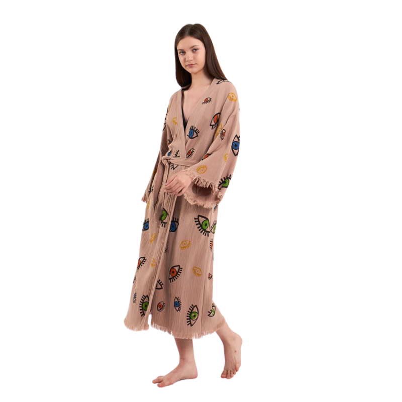 Evil Eye Bathrobe-Shawl Neck-Light Brown