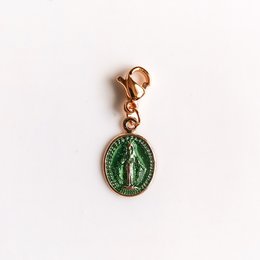 Green miraculous medal pendant with gold-tone metal frame and clasp.