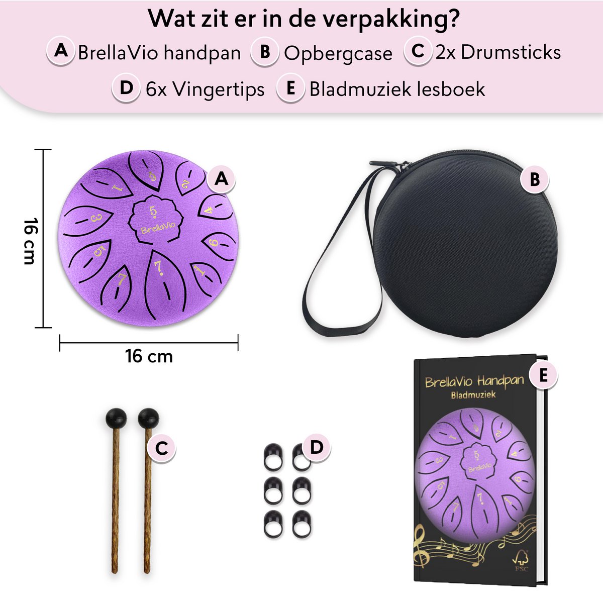 BrellaVio Handpan mit Übungsbuch – Lila – 16 cm