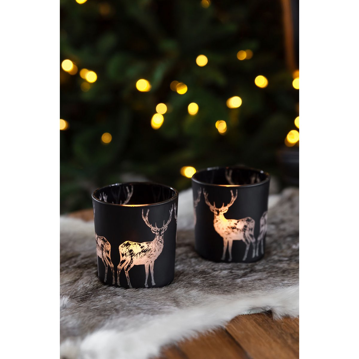 Tea light set of 2 deer H 8 cm matt black