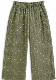 Green muslin baby pants with small white dot pattern, relaxed fit, short sleeves matching set available.