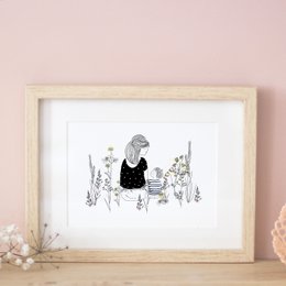 Card Vegetal Break - Back view Seated Woman looking at her Daughter Pink Top or Son Striped Blue Top and Plants