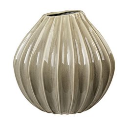 Wide XL vase, round bulbous shape, vertical ribbed texture, beige taupe ceramic, modern minimalist style, rainy day neutral tone