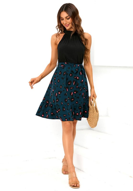 Black Halterneck Top 2 i 1 mini kjole i blå leopardprint