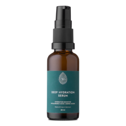 Hyaluronic serum in a glass bottle with a black spray pump. The serum is designed to deeply hydrate and nourish the skin.