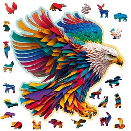 Colorful, vibrant puzzle depicting a majestic eagle in flight, surrounded by various animal silhouettes. Suitable for puzzle enthusiasts and nature lovers.