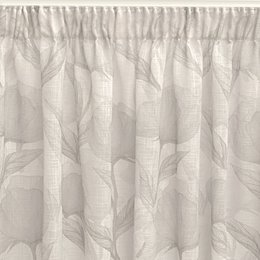 Rideau translucide, rideau imprimé numériquement en ruban multifonction (ruban fronceur ou serre-câble), allie motif floral et couleurs grises. Rideaux pour salon, chambre et cuisine.
