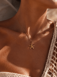 Gold starfish pendant necklace, delicate chain, coastal beach jewelry, minimalist star charm.