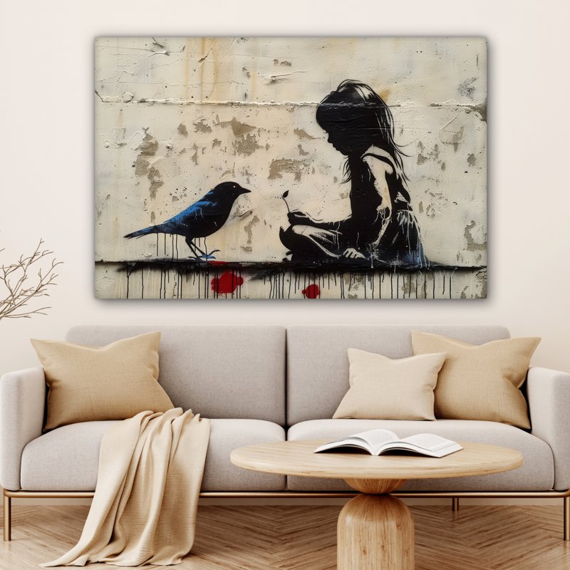 Canvas schilderij - Wanddecoratie Meisje - Street art - Vogel - Abstract - Graffiti - Modern - Muurdecoratie woonkamer - Kamer decoratie modern - Abstracte schilderijen