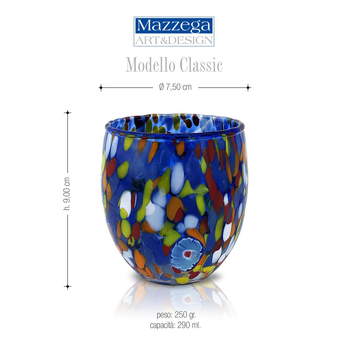 Klassieke waterglazen van handgeblazen en handgemaakt glas met Murano Murrine, lijn “I Colori di Murano”, 320 ml. Gemaakt in Italië
