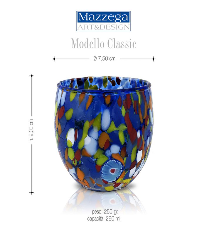 Klassieke waterglazen van handgeblazen en handgemaakt glas met Murano Murrine, lijn “I Colori di Murano”, 320 ml. Gemaakt in Italië