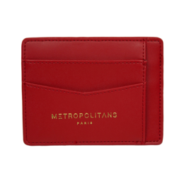 A red leather card holder with the "Metropolitano Paris" logo printed on it. The card holder has a simple, minimalist design with multiple card slots.