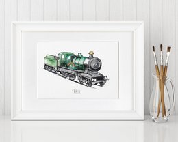 Impresión de pared de tren de vapor de acuarela
