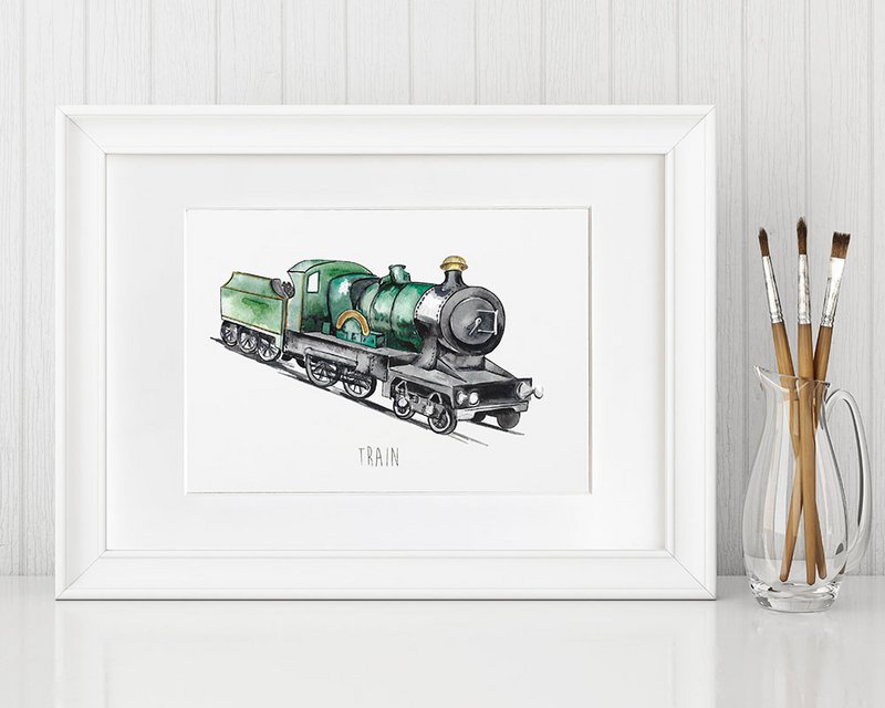 Impresión de pared de tren de vapor de acuarela