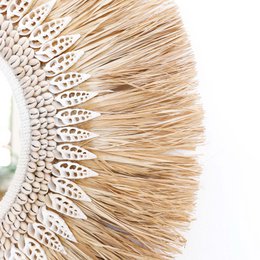 Raffia round mirror with cowrie shells - Mawi ø70cm