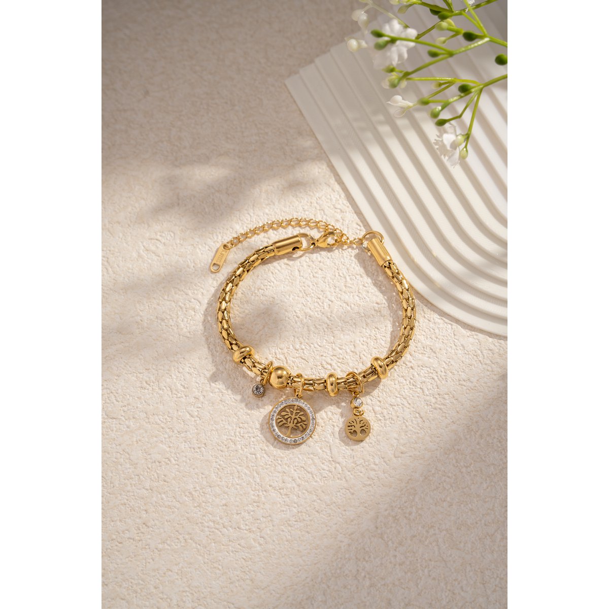 Bracelet à breloque Arbre de Vie avec strass en acier inoxydable symbole de for