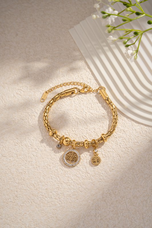 Bracelet à breloque Arbre de Vie avec strass en acier inoxydable symbole de for
