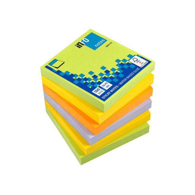 Info notes 75x75mm assorted spring pack 6 block green, yellow, orange, purple