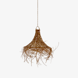 Rattan pendant light with natural, woven design. Warm, earthy tones and organic texture create a rustic, bohemian style.