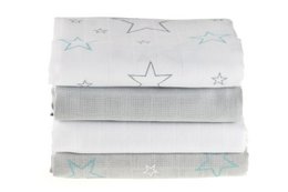 Pannolini idrofili Makian 70x70cm-Set di 4 pezzi-Testato Oeko-Tex-100% Cotone-Bianco/Grigio/Stelle