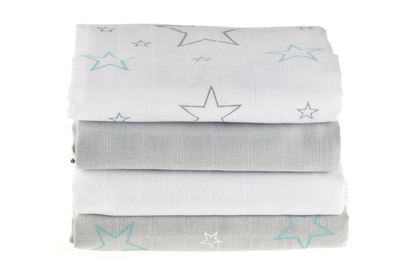 Pannolini idrofili Makian 70x70cm-Set di 4 pezzi-Testato Oeko-Tex-100% Cotone-Bianco/Grigio/Stelle