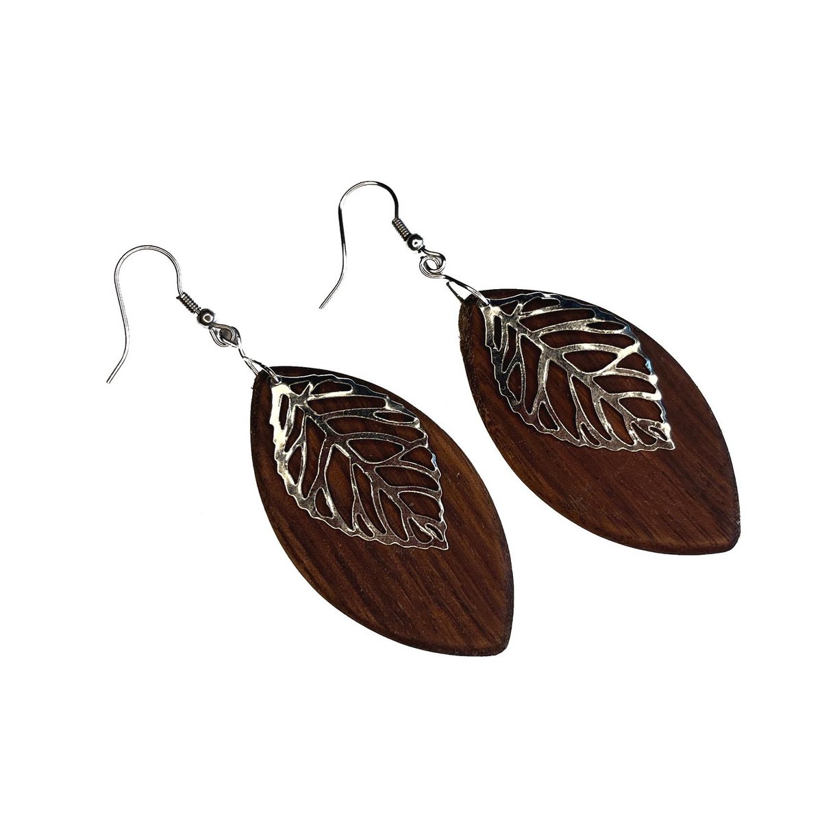 Handgefertigte Ohrringe in Blatt Form aus edlem dunklen Walnuss Nussbaum Holz mit silbernem Anhänger - Natürliche Eleganz und Nachhaltigkeit, tolle Maserung