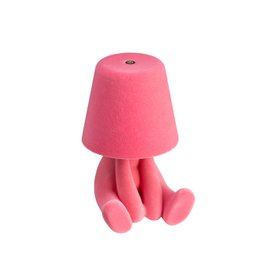  Pink plush table lamp with cute character design, soft fabric shade, decorative sitting figure base, modern playful style.