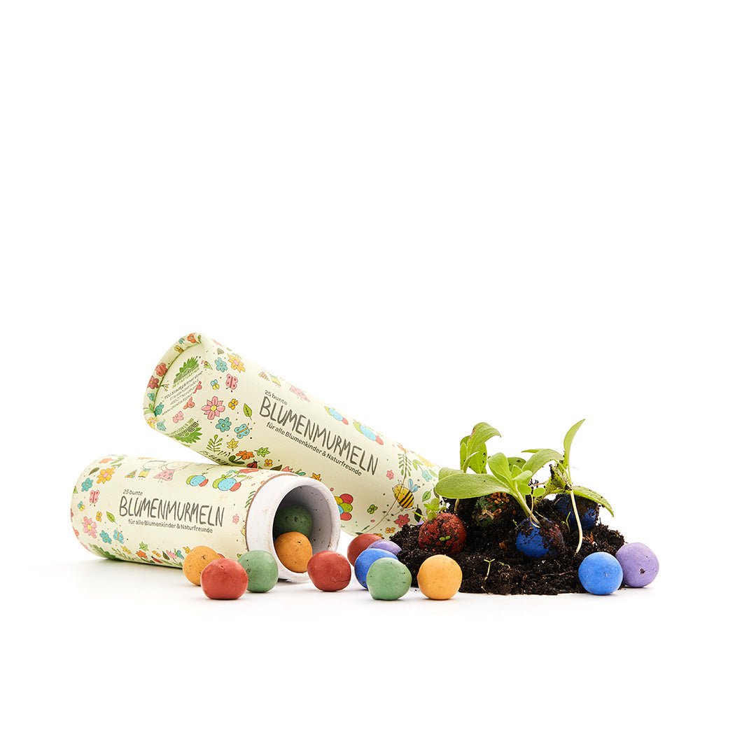 25 bunte Blumenmurmeln in Dose