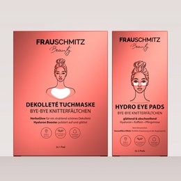 Glow to Go Set - BYE-BYE Knitterfältchen is a face mask product that includes a decollete tuck mask and hydro eye pads. The product is designed to reduce the appearance of wrinkles and fine lines around the eyes and decollete area.