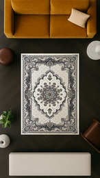 Large dark blue area rug with intricate floral and geometric patterns, suitable for living rooms or bedrooms.