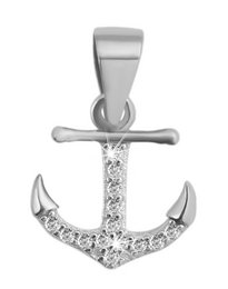 925/- Echt zilveren hanger zonder ketting "Narges", anker met zirkonia-versiering, 925/gerhodineerd