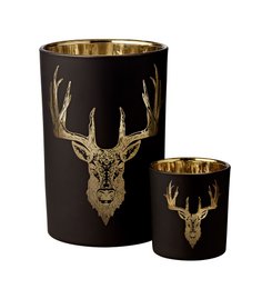 EDZARD hurricane lamp tea light holder tea light glass forest, deer motif, matt black / gold, height 18 cm