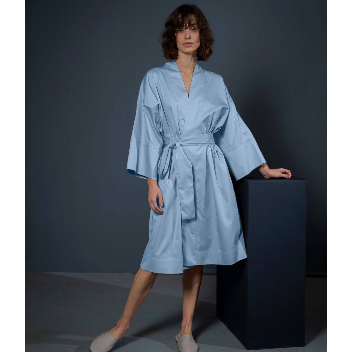 Satin-Kimono-Bademantel Solid French Blue