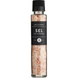 Himalayan salt grinder with a sleek black design. Contains natural pink Himalayan salt crystals for a unique flavor.