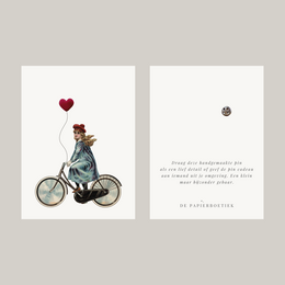 Girl on bicycle with red heart balloon, vintage style greeting card