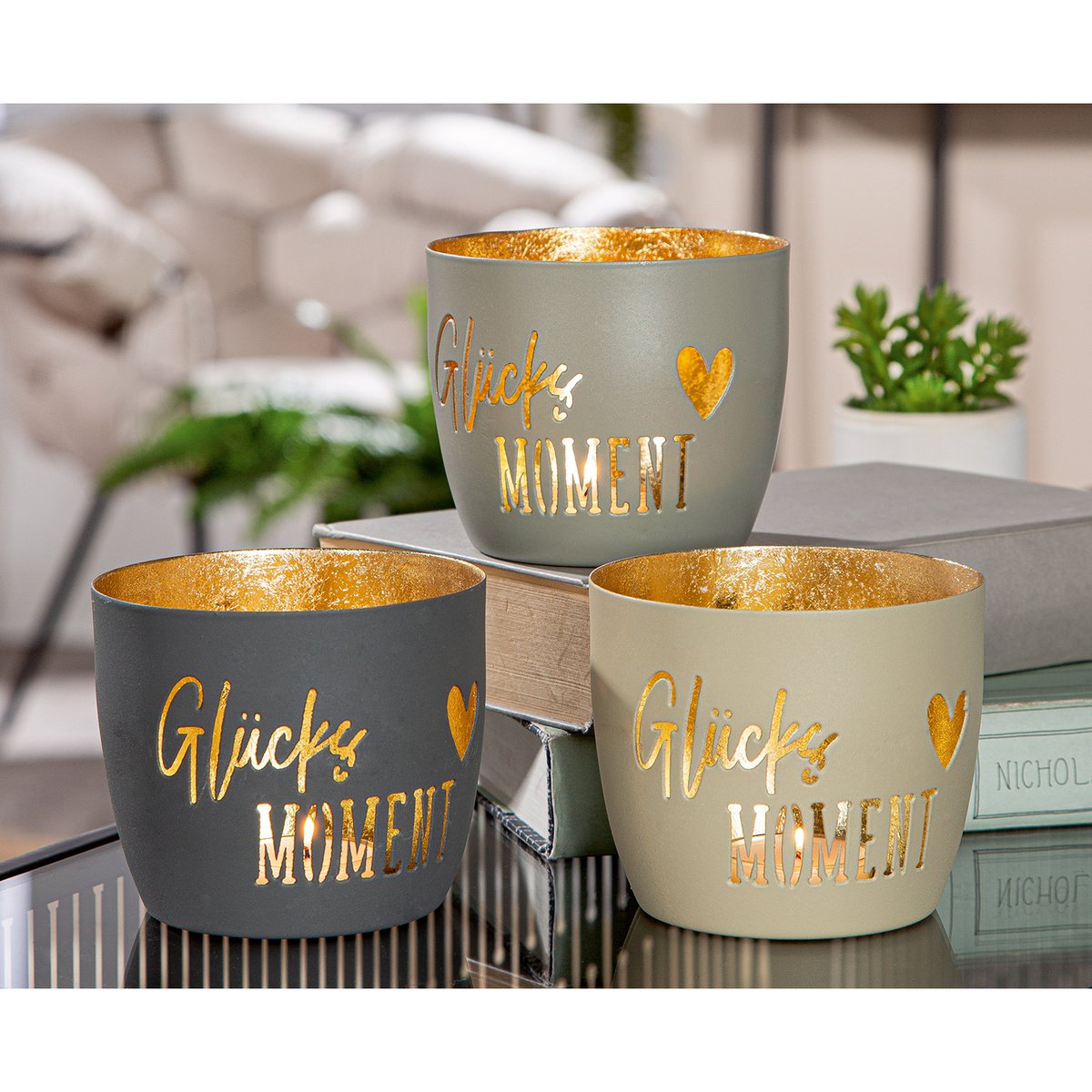 Windlicht Glücksmoment 3-sort. beige; creme; grau, VE 9