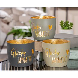 Windlicht Glücksmoment 3-sort. beige; creme; grau, VE 9