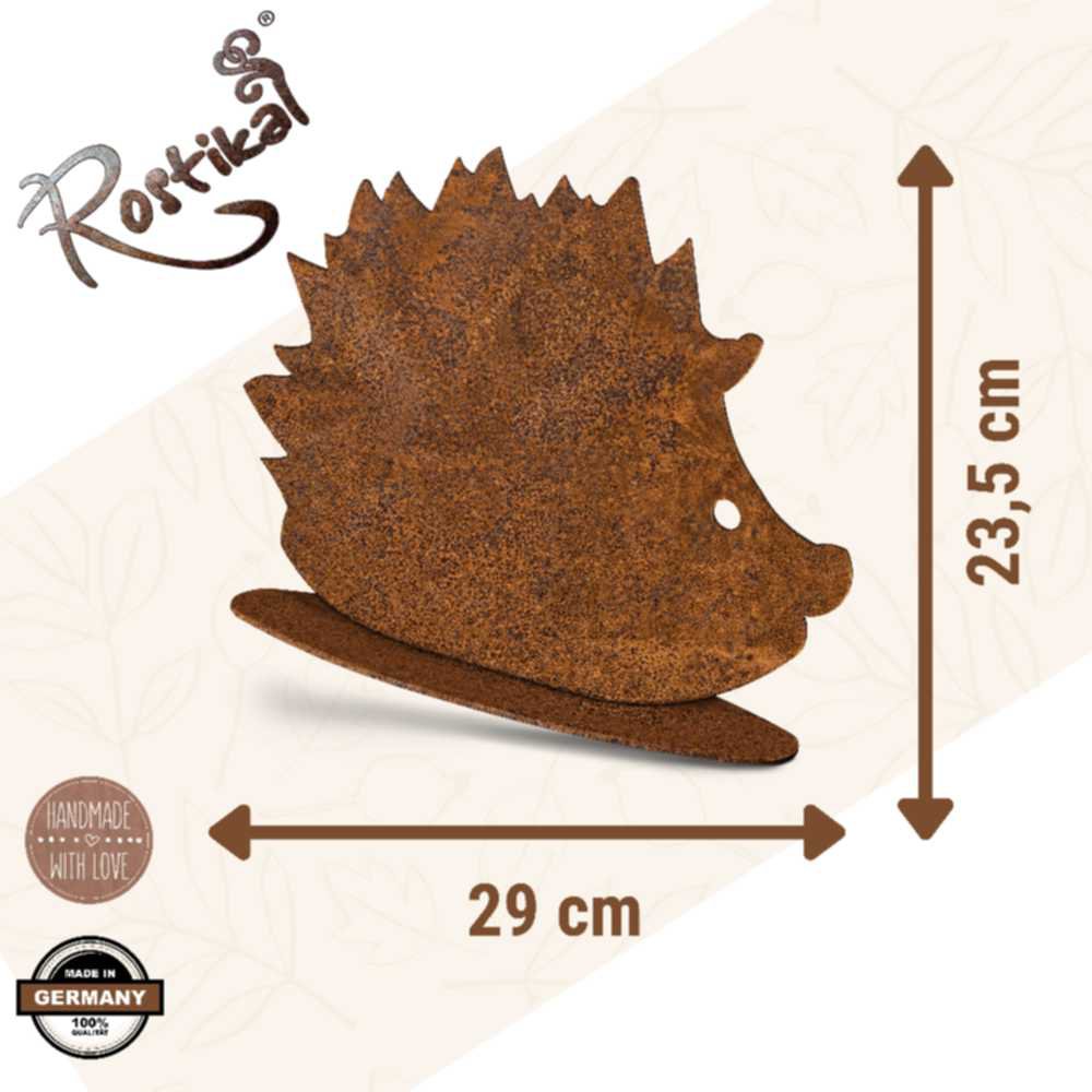 Metalen decoratieve egelfiguren op bodemplaat | Herfstdecoratie roest