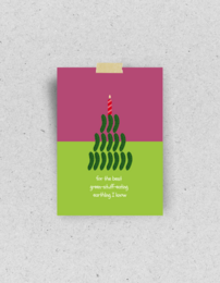 Green and pink color block design, birthday cake made of green leaves, text postcard, festive greeting card.