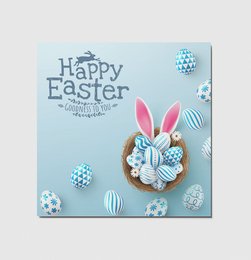 Postcard with "Happy Easter" text, Easter bunny, and decorative eggs in pastel blue and white colors.