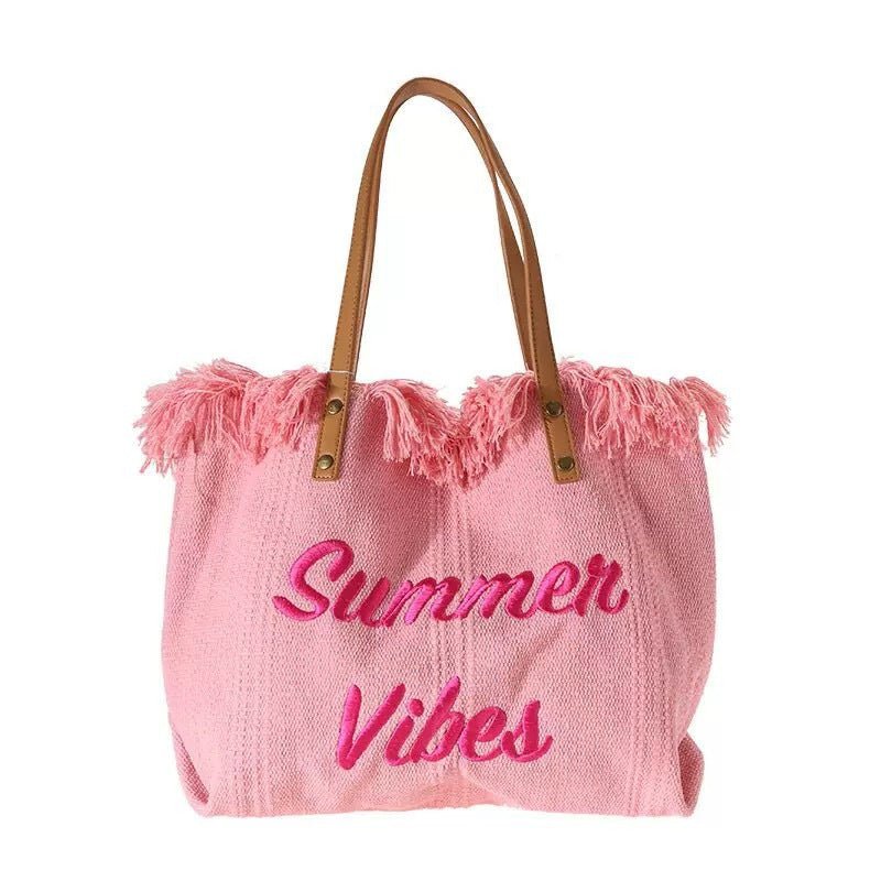 Borsa tote in tela di grande capacità con lettere ricamate, borsa da donna, borsa da spiaggia intrecciata, borsa a tracolla