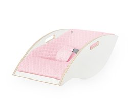White and pink baby bouncer with fabric cushion and wooden frame.
