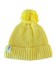 Yellow knitted baby beanie with pom pom, ribbed texture, warm winter hat for kids