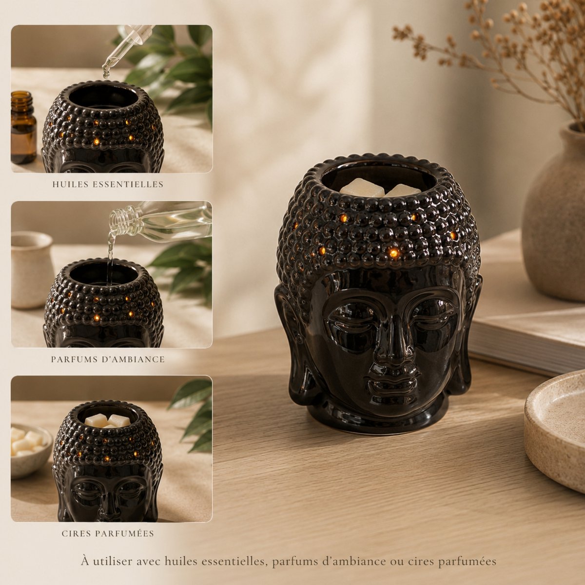 Zwarte Boeddha Dhyana keramische parfumbrander - geurende sfeer - Zen handwerkobject - eenvoudige aromatherapie - geurende fondantbrander - FengShui decoratie - Boeddha hoofd