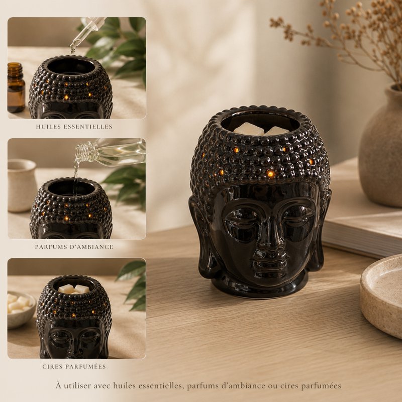 Brûle-Parfum Céramy Bouddha Dhyana Noir - Atmosphère Parfumée - Objet artisanal Zen -Aromathérapie facile - Brûleur Fondant parfumé - Déco FengShui - Tête Bouddha