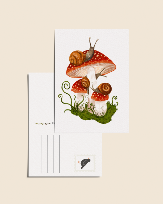 “Fly agaric and snails” – A6 Illustrated Card | 350gsm Tintoretto Gesso