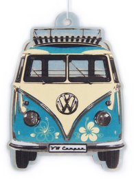 Vintage-style Volkswagen VW T1 Bus air freshener in turquoise and pina colada colors, featuring a retro design with floral accents.